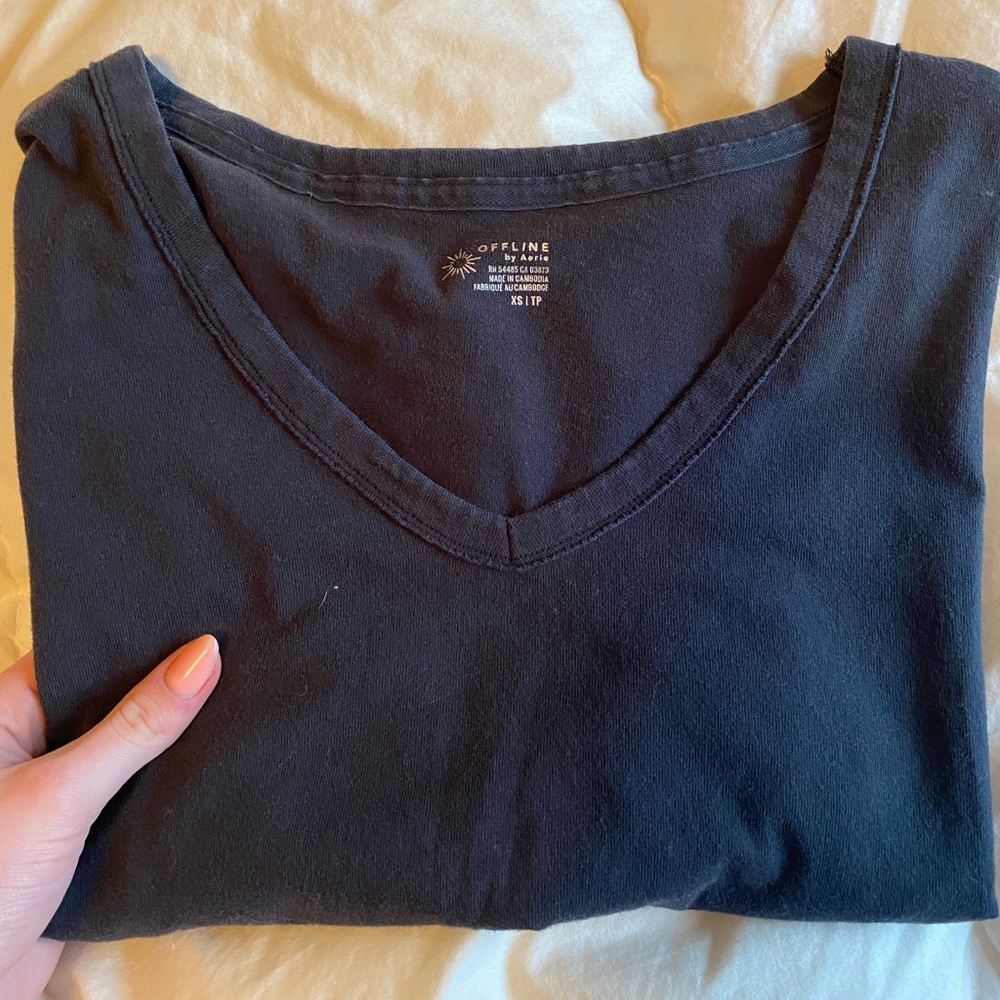 Black Washed Aerie Cropped Oversized Tee with Small Vintage cuts on each side.